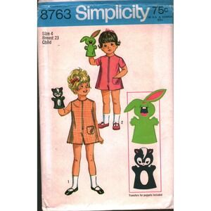 Vintage 1970 Simplicity 8763 Child Pantdress Pattern Hand Puppet Transfers Sz 4